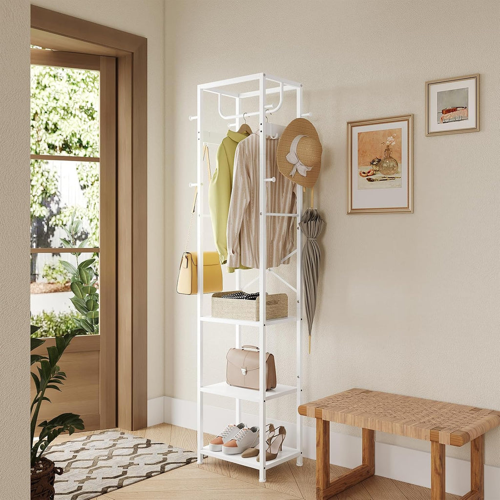 ELYKEN Coat Rack Freestanding, Hall Tree with 3 Shelves and 12 Hooks, White | Industrial Metal Frame, Space-Saving Design, Clothes Rack Stand Organizer for Bedroom, Hallway, Entryway, Office, Living Room