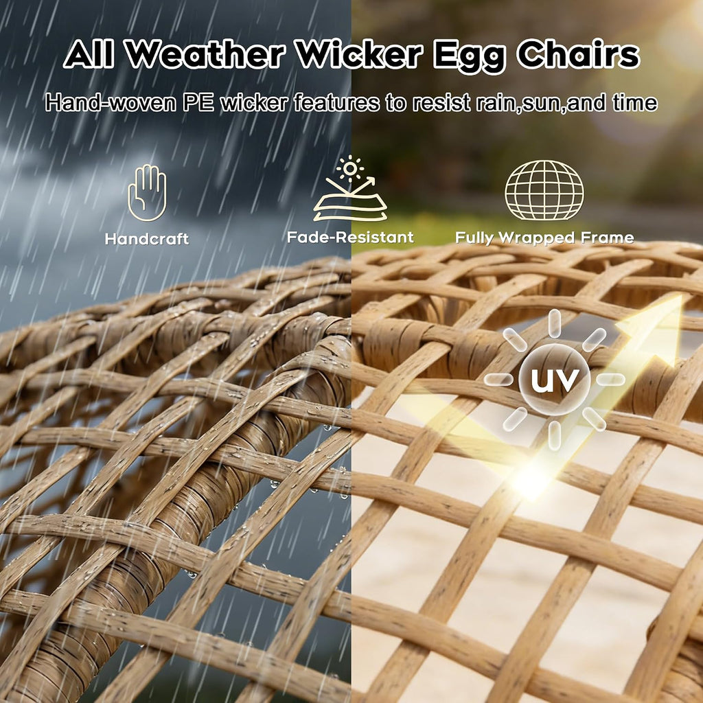 Double Egg Chair Outdoor Indoor 2 Person Wicker Egg Lounge Chair with Foldable Cup Holder Cushion Rain Cover Patio Oversized Loveseat for Balcony Porch Backyard