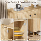 Fluted Sideboard Buffet Cabinet with Storage, 31'' Natural Oak Wood Buffet with Adjustable Shelves, Solid Wood Legs & 210° Wide-Open Door, Rounded Credenza for Kitchen & Entryway