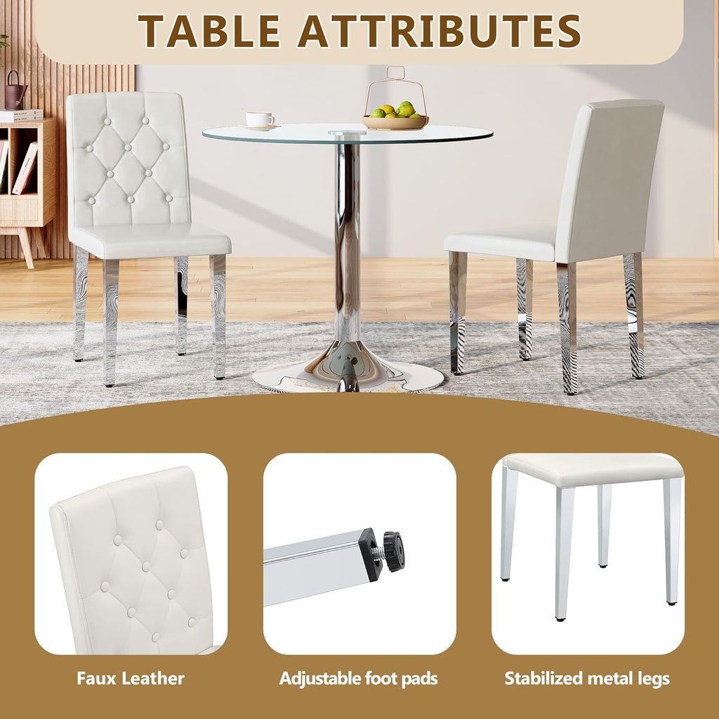 Modern Dining Chairs Set of 4, Button Tufted Upholstered Parsons Chairs with Silver Metal Legs, White PU Leather Kitchen Chair for Dining Room, Kitchen, Restaurant