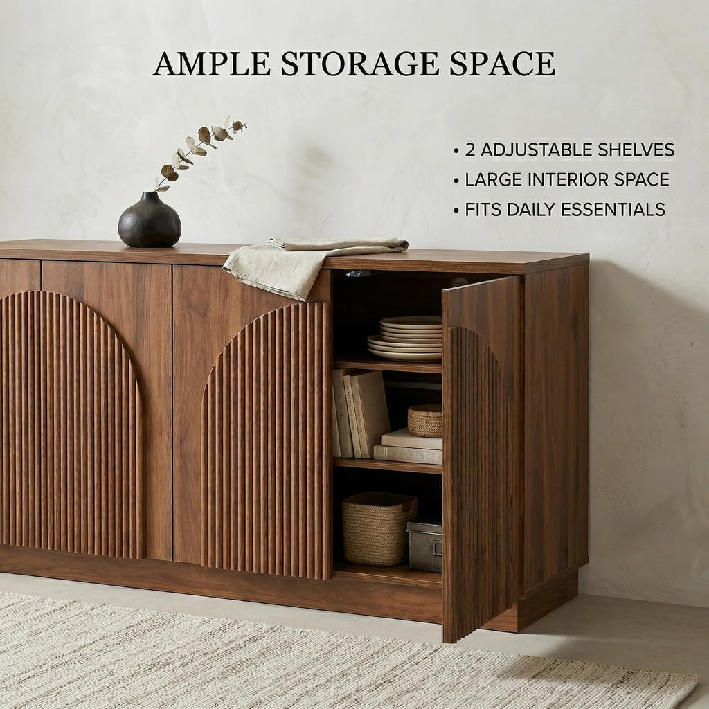 Brafab 4-Door Fluted Sideboard Buffet Cabinet with Arched Reeded Doors and Adjustable Shelves, Modern Credenza Storage Cabinet for Living Room Dining Room, Walnut Oak Finish