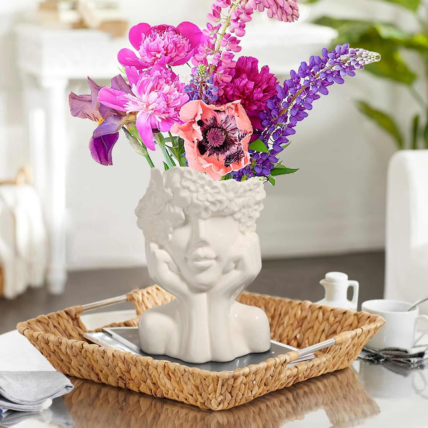 ComSaf White Ceramic Flower Vase for Decor,Modern Style Female Form Face Vase,Unique Flower Vase for Home Living Room Office Decor - Face Type A