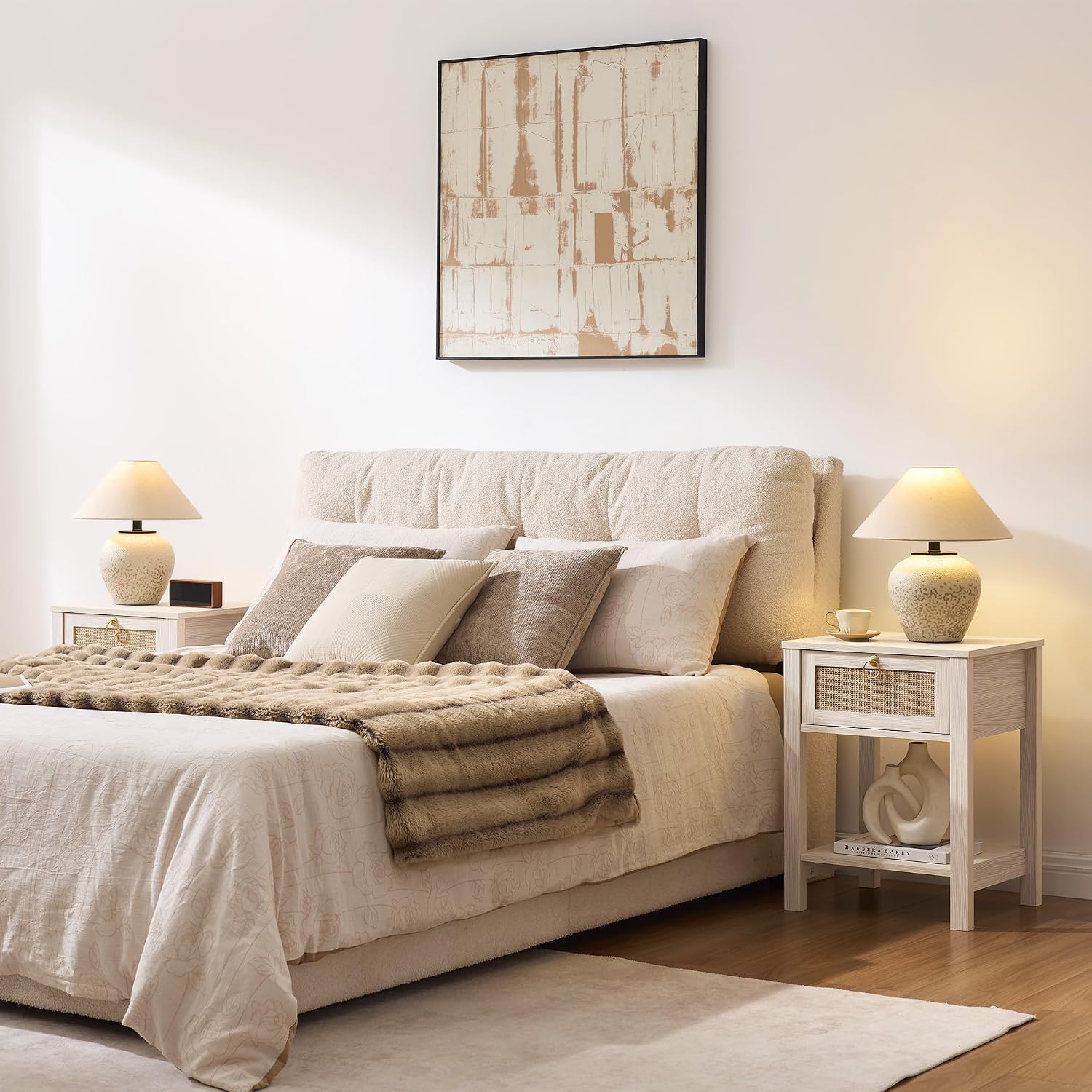 SICOTAS White Rattan Nightstand Set of 2 with Storage Shelf, Bedside Tables | Night Stand Set of 2 with Rattan Drawer, Boho End Tables with Storage for Bedroom, Guest Room, Apartment, and Small Spaces