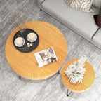 Giantex Boho Round Coffee Table Set of 2, Sofa Side Nesting Table with Solid Pine Wood Top, Metal Legs & Adjustable Foot Pads, 31.5" D Large Table Set for Living Room (Radial Pattern, Natural)