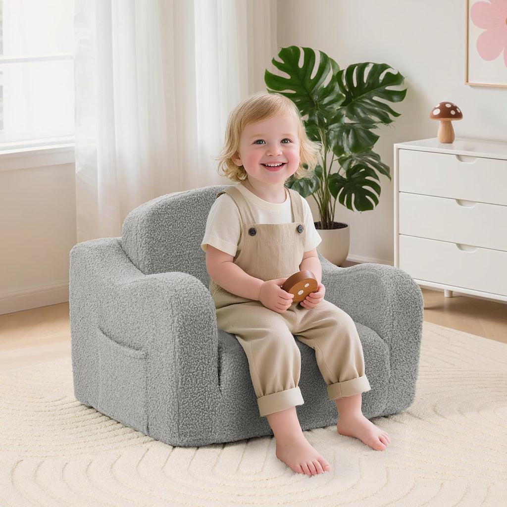 Airpanda Cozy Kids Sofa Chair, 2-in-1 Fold-Out Kids Couch for 3-7 Years Old Girls and Boys, Convertible Soft Children's Sofa, Removable Washable Cover,Light Grey
