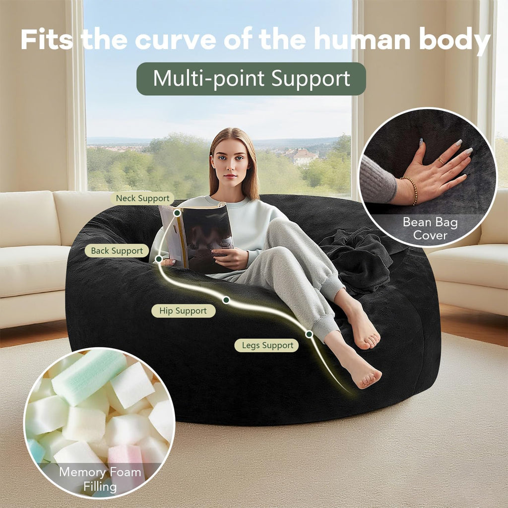 4FT,Big Bean Bag Chairs for Adults,Bean Bag with Filler Included,Memory Foam Bean Bag,Giant beanbag,Suitable for Reading Chairs in Living Room, Bedroom and Dormitory. (Black, 4 Foot)