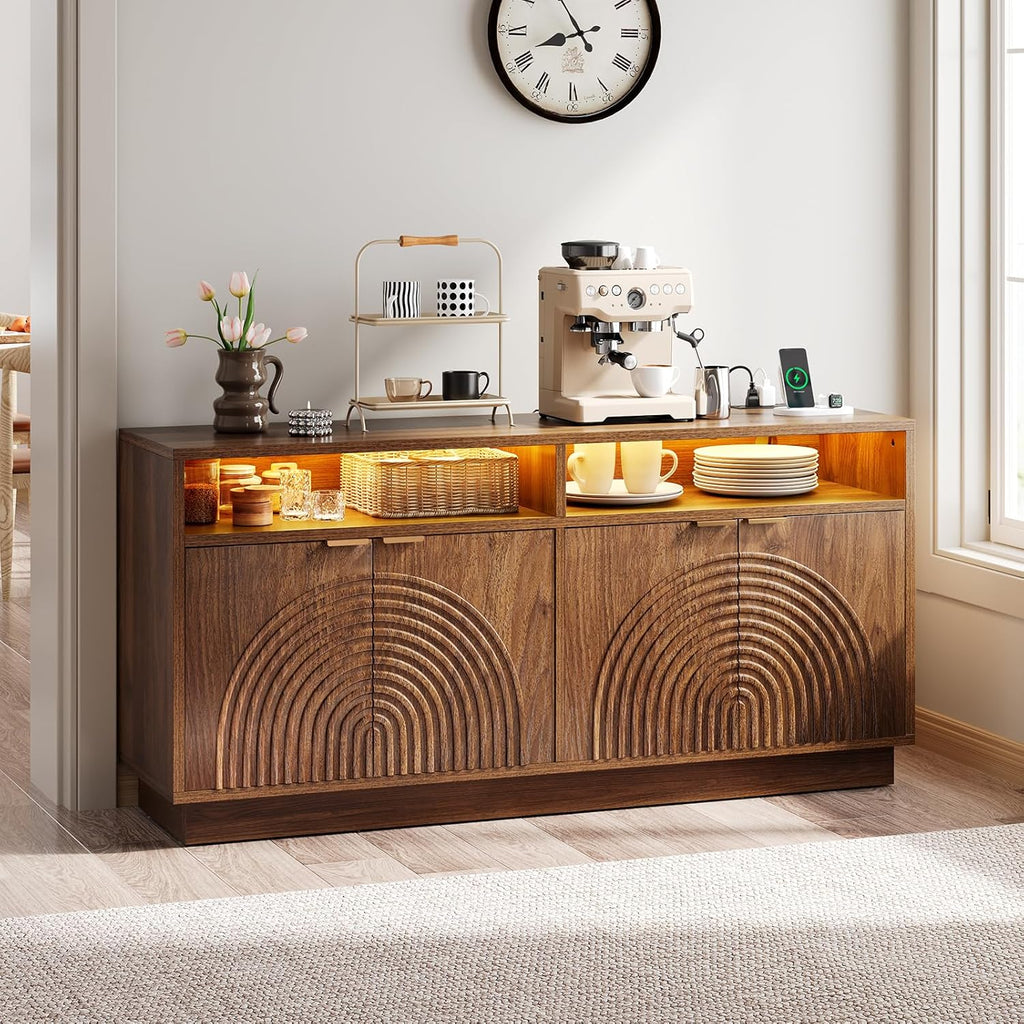 Modern Sideboard Buffet Cabinet with Storage - 58" Fluted Credenza Strorage Cabinet with LED Light & Power Outlet, Adjustable Shelf, Accent Console Table Coffee Bar for Kitchen Living Room