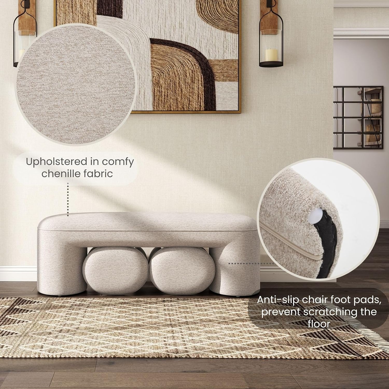 53" Upholstered End of Bed Bench with 2 Nesting Ottoman Stools, Modern Chenille Bedroom Bench for King/Queen Bed, Arched Vanity Entryway Bench Seat for Living Room, Oatmeal