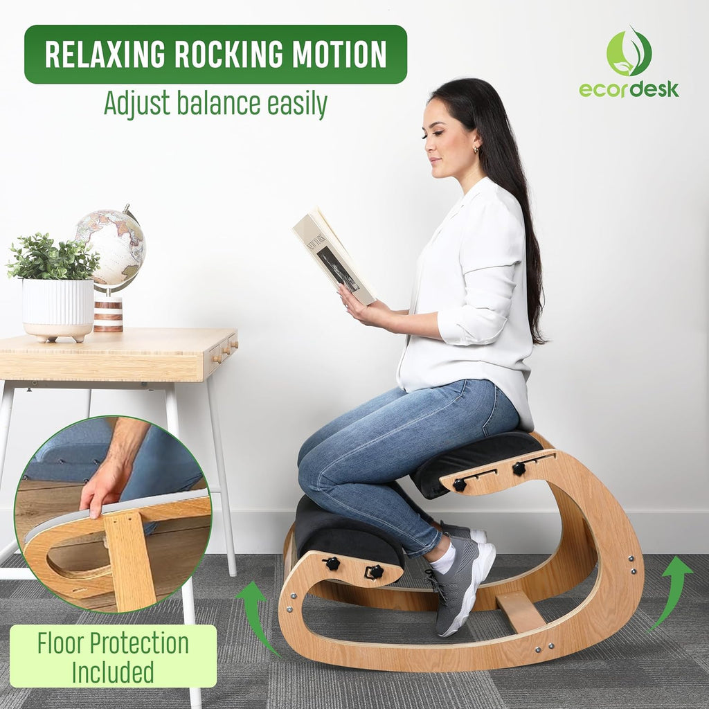 Ergonomic Kneeling Chair, Adjustable Seat - Office Chair for Desk, Posture Corrector, Premium Comfort Cushion, Wooden Rocking Knee Chair (Black)
