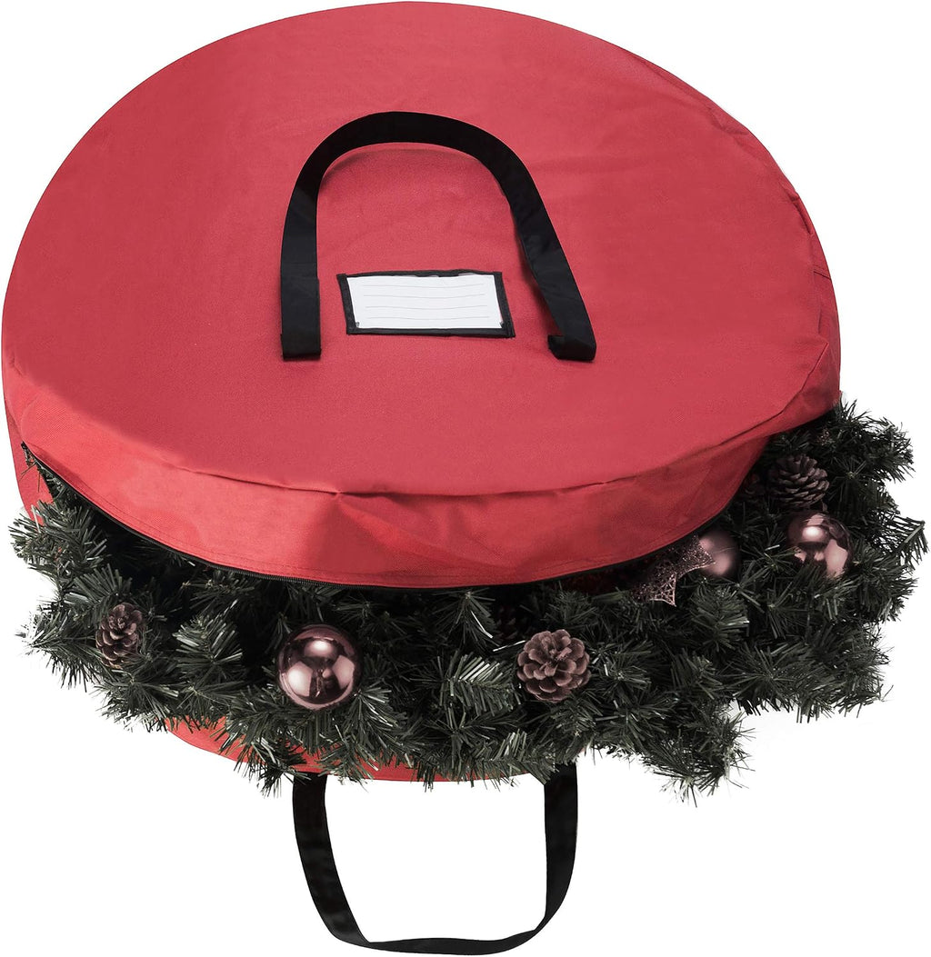 Wreath Storage Bag Round 30" Holiday, Easter, Fall & Christmas Artificial Wreaths & Garland- Red Canvas Tote with Handles by Tiny Tim Totes