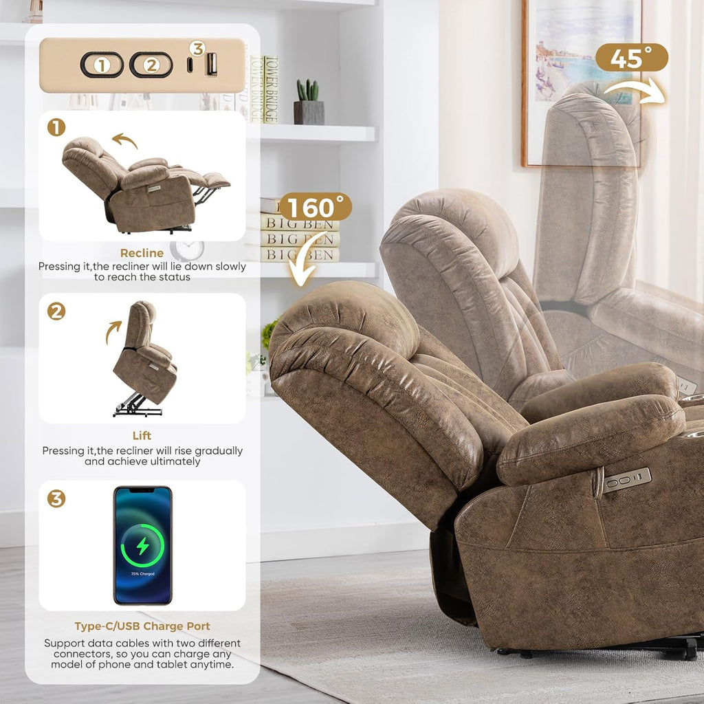 Oversized Power Lift Recliner Chair for Elderly, Big and Tall with Massage and Heating, Breathable Faux Leather with Metal Cup Holders, USB A&C Ports, Light Brown