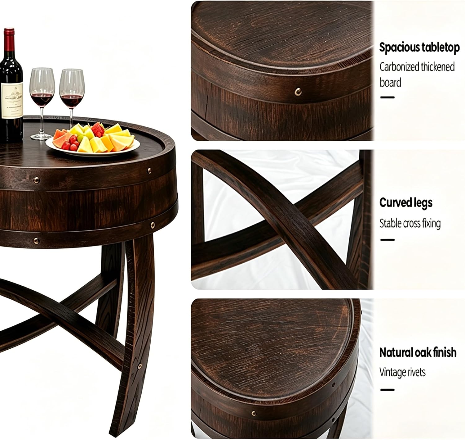 KANG DONG Rustic Round End Table, Whiskey Barrel End Table, Solid Wood Farmhouse Side Table with Barrel-Inspired Design, 22.2" Accent Table for Living Room, Bedroom, Beside Sofa