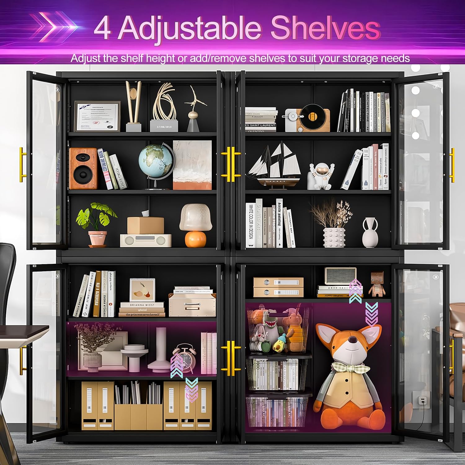 34" Display Cabinet with Glass Doors, 4-Tier Curio Cabinet with Many Color Lights for Collectibles, Glass Display Case, Bookcase with 4 Shelves, Storage Cabinets, Black