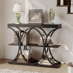 Garvee 39" Narrow Console Tables for Entryway, Industrial 3-Tier Sofa Table with Round Metal Base and Storage Shelves for Living Room, Hallway, Foyer, Black Wood Grain