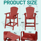 PLUUV Tall Adirondack Chairs Set of 2 with Double Connecting Trays, All Weather HDPE Bar Height Outdoor Chairs, Outdoor Adirondack Barstools with Umbrella Hole for Balcony, Patio, Backyard, Reddish