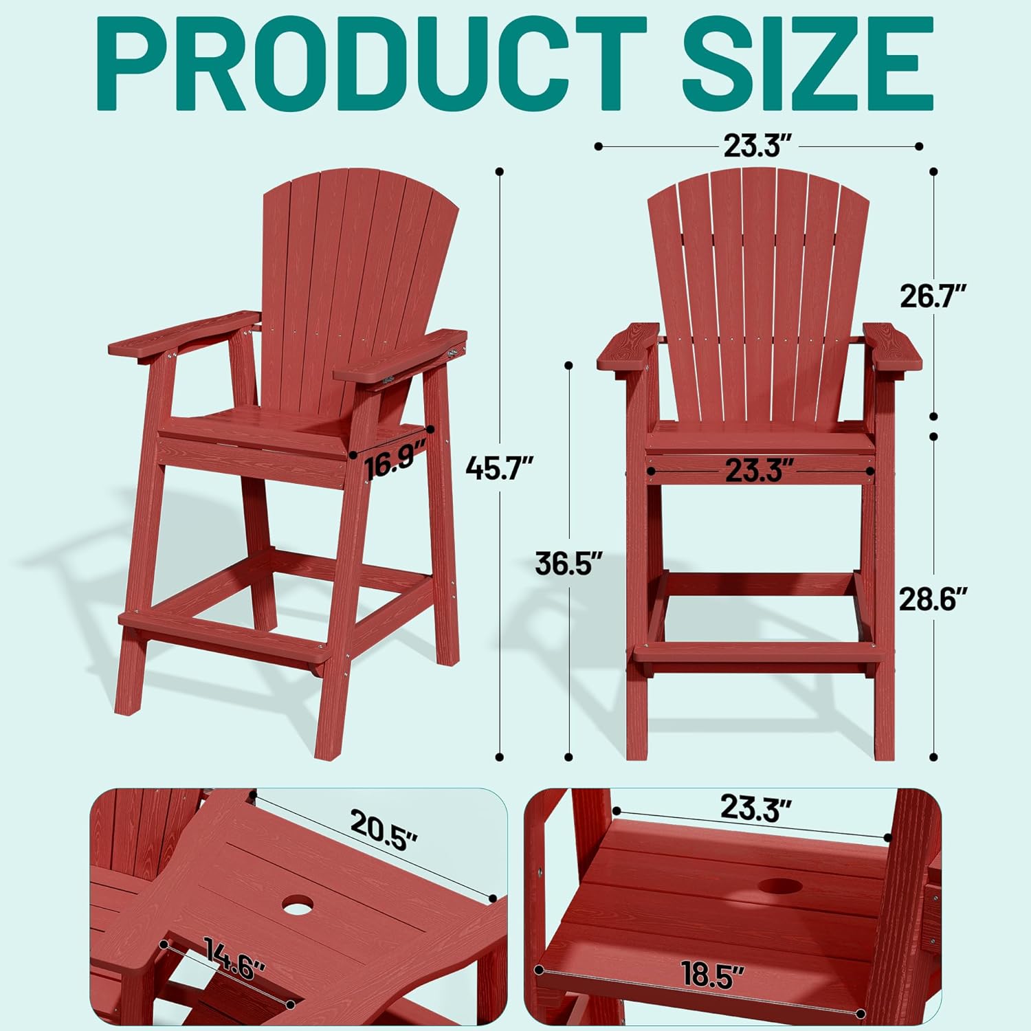 PLUUV Tall Adirondack Chairs Set of 2 with Double Connecting Trays, All Weather HDPE Bar Height Outdoor Chairs, Outdoor Adirondack Barstools with Umbrella Hole for Balcony, Patio, Backyard, Reddish