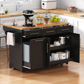 Merax 59.3" Black Kitchen Island with Storage, 2 Pull Out Cabinet Organizers & Rubber Wood Drop Leaf, Rolling Island Table with Trash Can Storage, Power Outlet, Spice & Towel Rack for Kitchen Dining