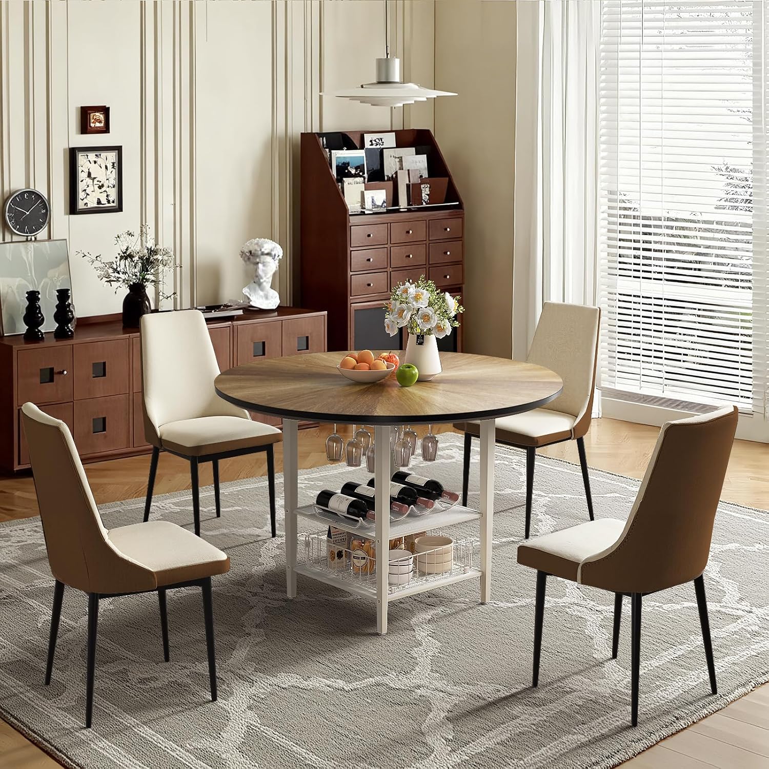 VFK 47'' Round Dining Table Set for 4-6, Farmhouse Kitchen Table with 4 Chairs & Storage Rack, Rustic Wood Dining Set with Sturdy Metal Base for Dining Room & Living Room