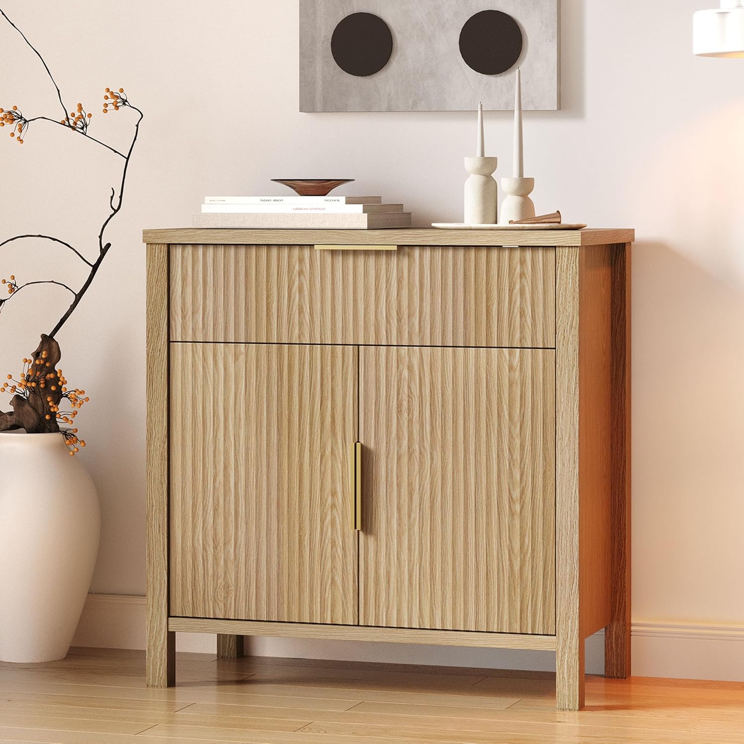 Fluted 55'' Sideboard Cabinet with Drawers,Large Storage Buffet 4 Doors and 2 Drawers Coffee Bar Console Table Storage for Dinning Room, Kitchen, Living Room (WOOD-32'')