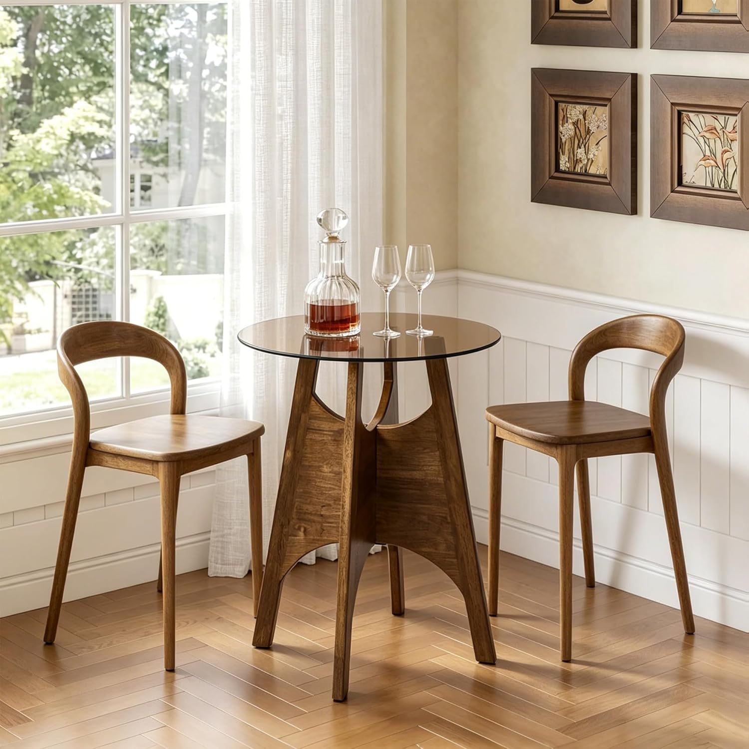 24 inch Round Glass Dining Table for 2, Tempered Glass Top with Solid Oak Tulip Base, Modern Small Kitchen Table for Apartment, Bistro and Dining Room