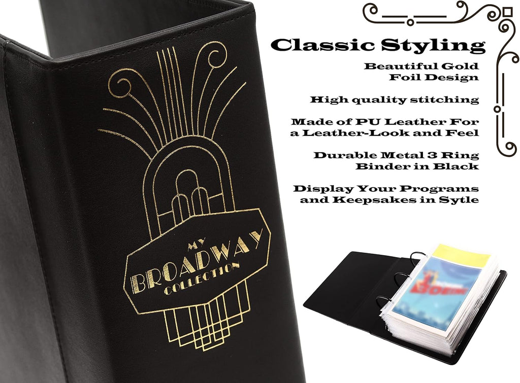 2Fold Binder for Holding Broadway Play Program and Theater Programs with 30 Custom Sheet Protectors - PU Leather - Fits Programs from Mid 1980s to Modern (Black/Gold Foil)