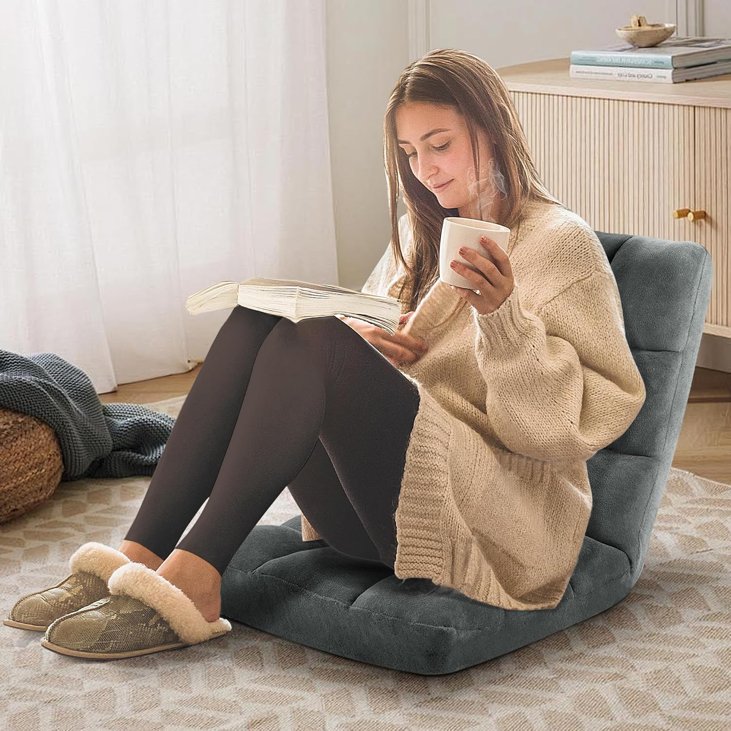 Murago Folding Floor Chair with Back Support for Adults, Adjustable Japanese Meditation; Portable Gaming Chair Recliner Seat with Comfy Cushion, for Teens, Dark Grey