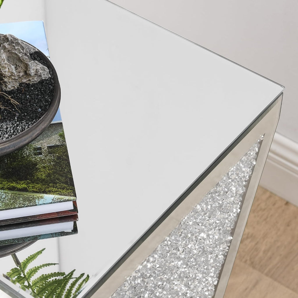 Mirrored End Table Modern Inverted Triangular Side Table with Crystal Design Decorative Glass Accent Small Coffee Table Bedside Table for Home Decoration Crystal Diamond Bed Night Stand