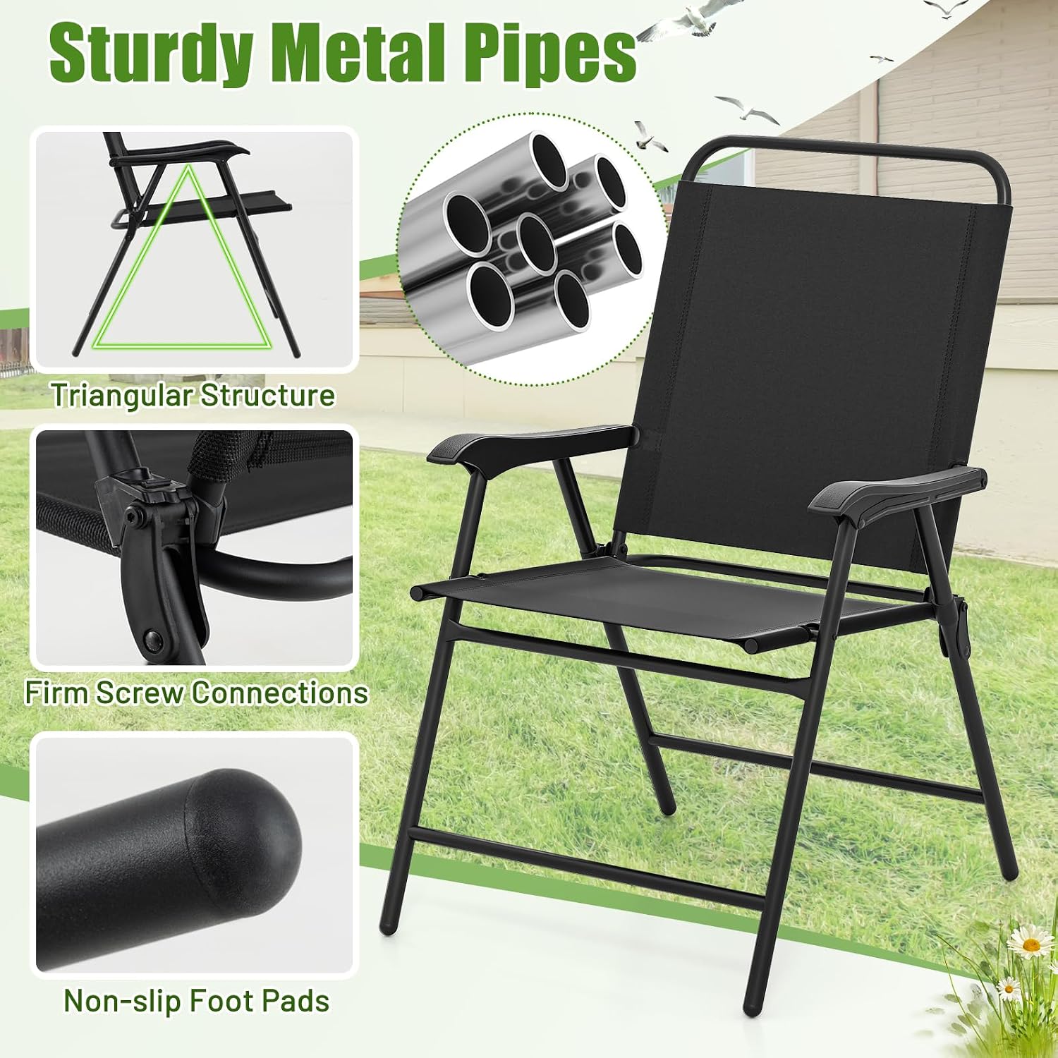 S AFSTAR Patio Chairs Set of 4, Outdoor Folding Lawn Chairs Sling Back Dining Chairs with Armrests & Breathable Seat, Metal Frame Folding Chairs for Garden, Deck, Yard & Porch