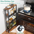 XYZLVSI Slim Storage Cart 4 Tier Narrow Kitchen Rolling Cart on Wheels for Small Space, Mobile Utility Cart Shelving Unit with Wooden Top and Metal Handle for Kitchen, Bathroom, Laundry Room