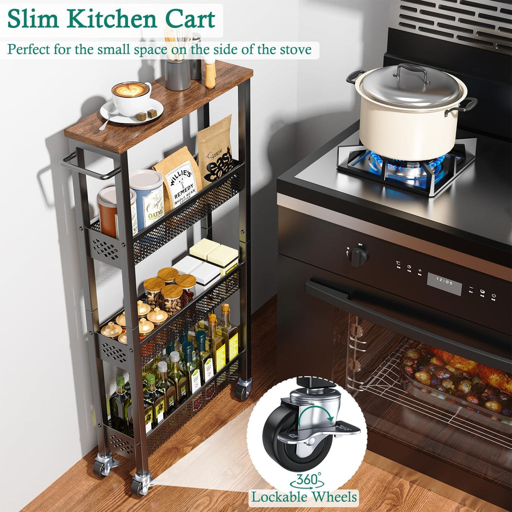 XYZLVSI Slim Storage Cart 4 Tier Narrow Kitchen Rolling Cart on Wheels for Small Space, Mobile Utility Cart Shelving Unit with Wooden Top and Metal Handle for Kitchen, Bathroom, Laundry Room