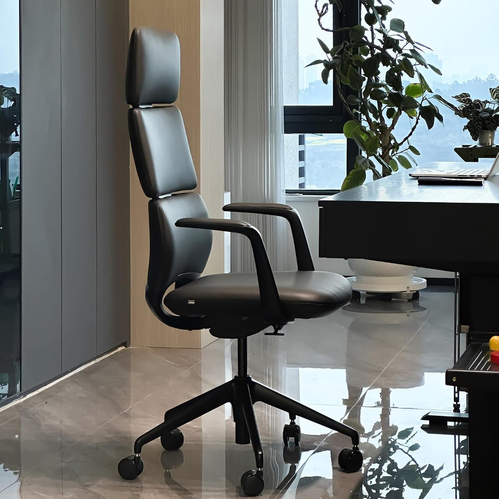 TOMU Executive Leather Office Chair, Top Grain Genuine Leather Executive Chair High Back with headrest, Adjustable Tilt & Height, Ergonomic Swivel Chair with Wheels (Black)