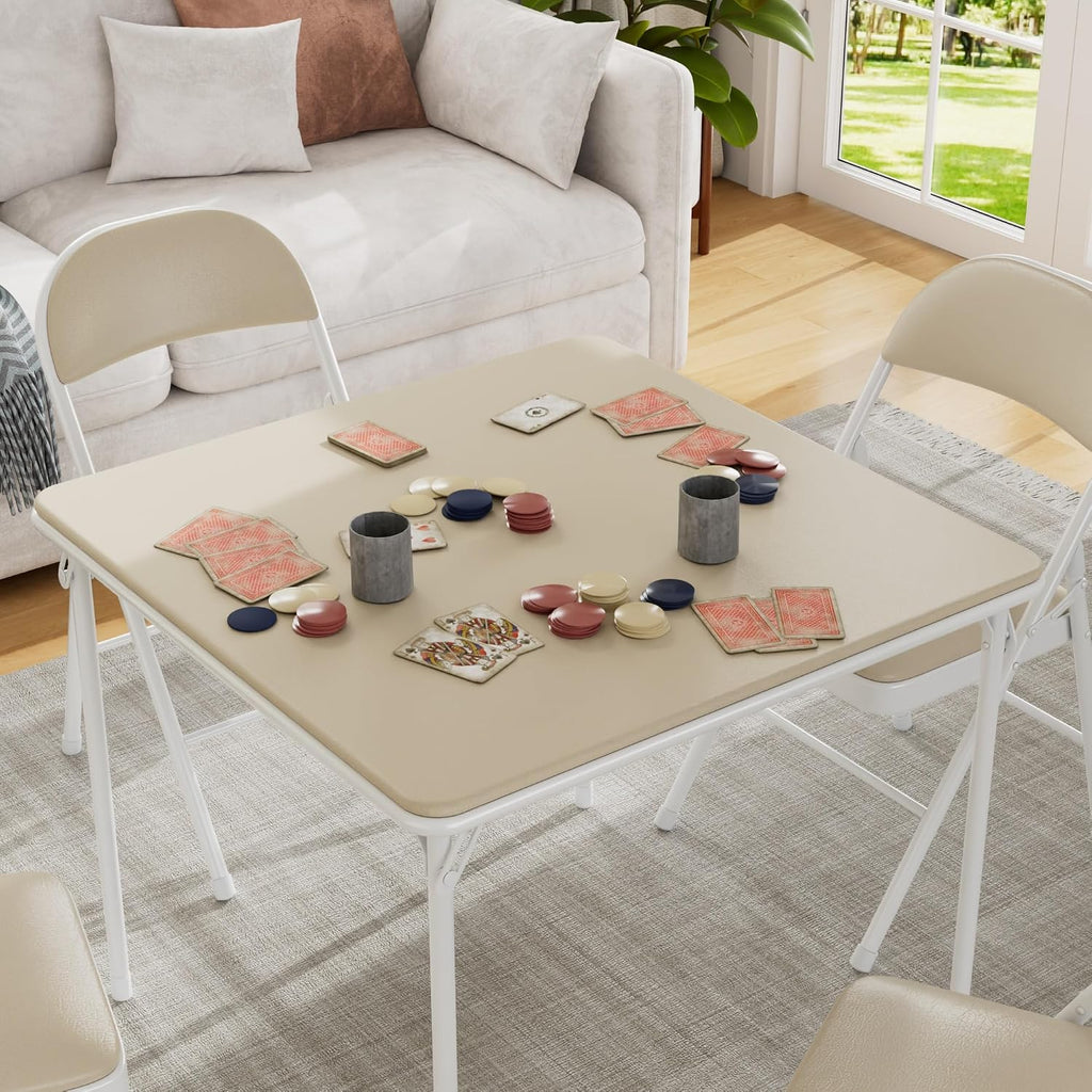 VECELO 5-Piece Folding Card Table Square and Chair Set with Collapsible Legs & Vinyl Upholstery,Portable for Indoor & Outdoor, Beige