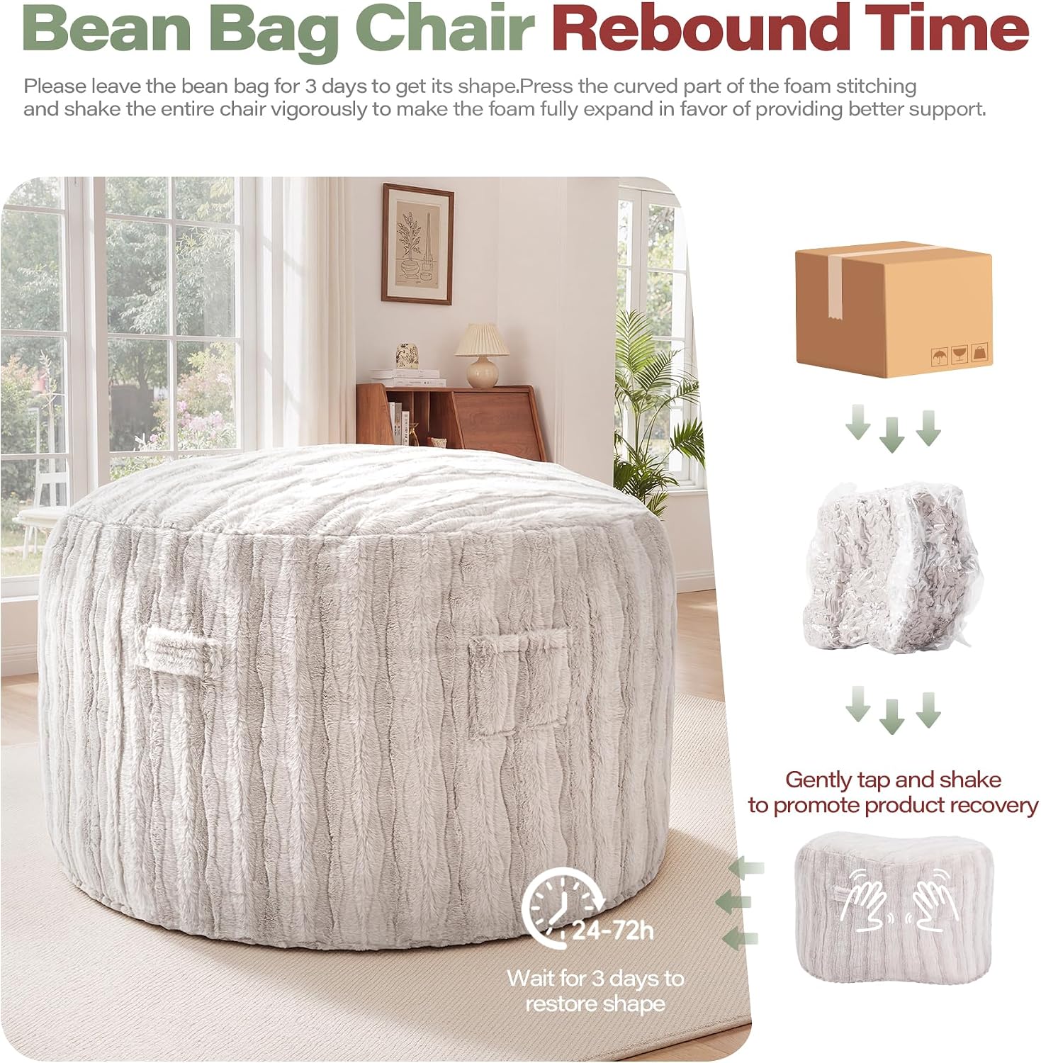 fond + found 5FT Bean Bag Chairs Giant Bean Bag Chair Cover with Wave Pattern Fur Washable Bean Bag Chairs for Adults Filled with Memory Foam for Bedroom Living Room (Oatmeal, 5FT- 50" x 50" x 24")