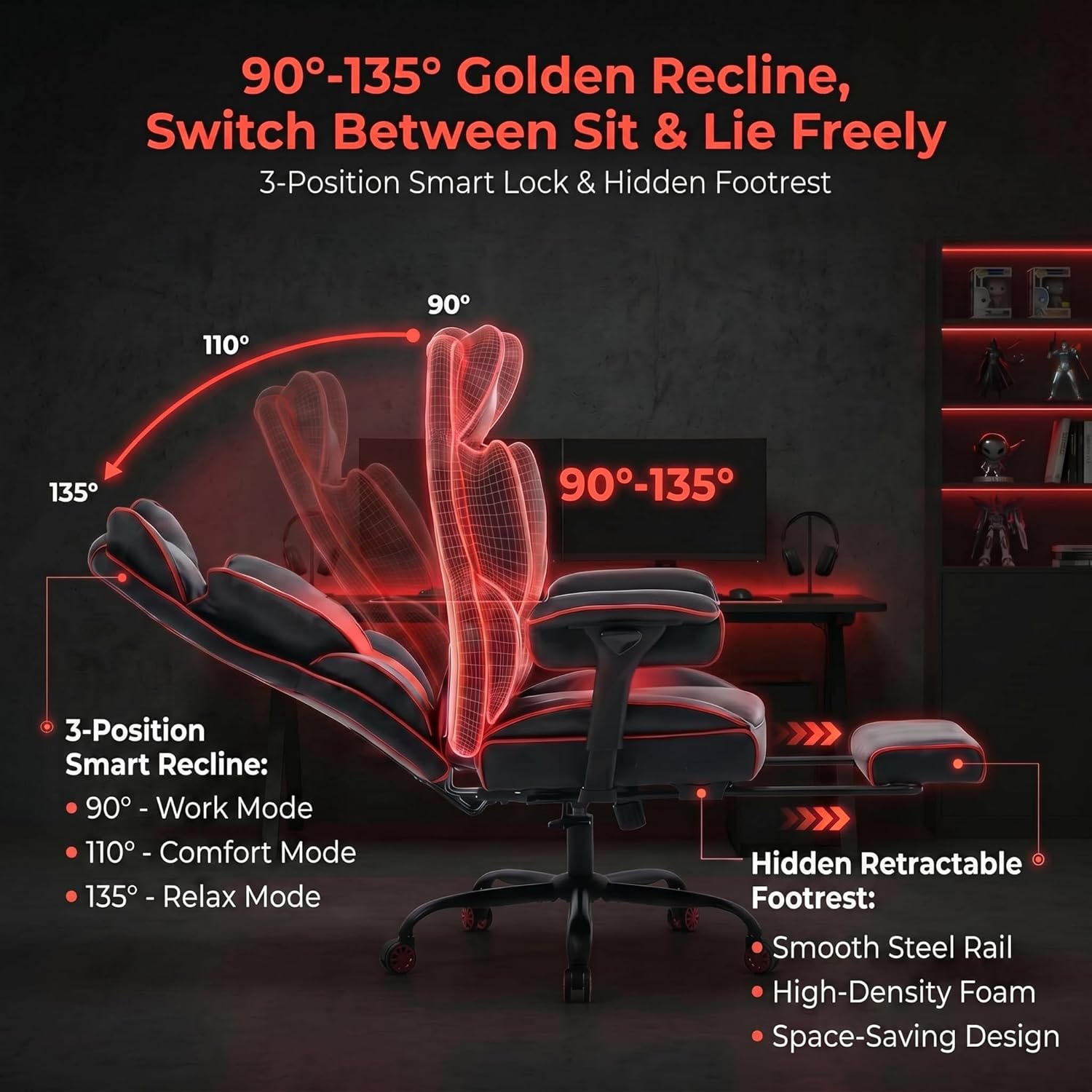 Big and Tall Gaming Office Chair 400lbs - Heavy Duty Ergonomic Computer Desk Chair with Footrest, Adjustable Armrests, High Back PU Leather with Racing Style (Black/Red)