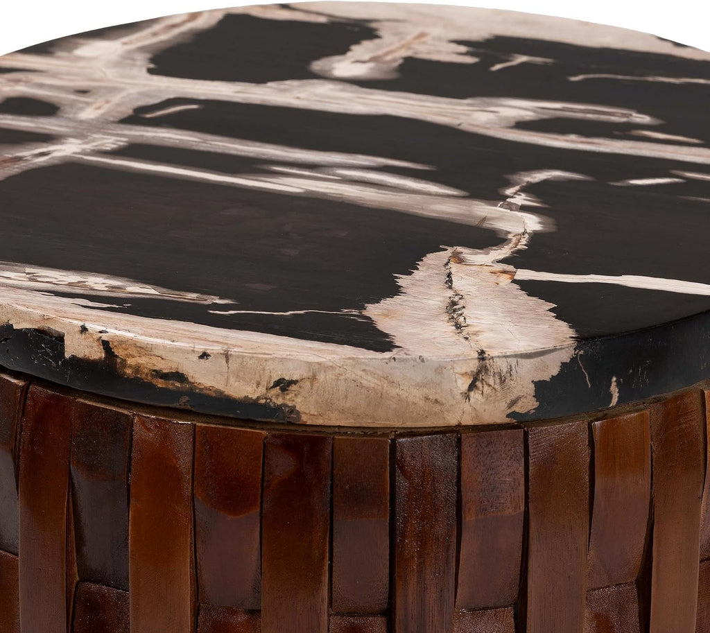Bali & pari Lavanya End Table with Petrified Wood Top - Drum Accent Side Table with Recycled Teak Wood Frame for Living Room or Entryway