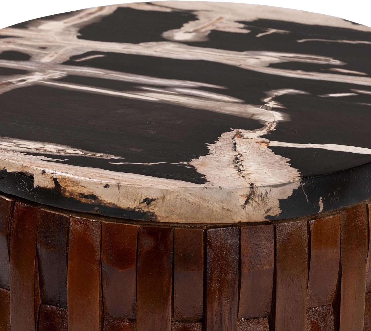 Bali & pari Lavanya End Table with Petrified Wood Top - Drum Accent Side Table with Recycled Teak Wood Frame for Living Room or Entryway