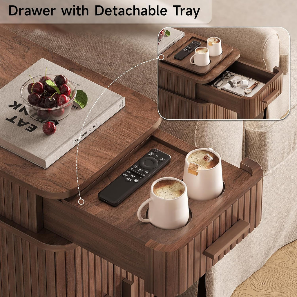 Fluted Narrow Side Table with Drawers, Mid Century Modern End Table with Charging Station, Small Couch Table for Living Room, Skinny Bedside Table Nightstand for Small Space Bedroom Walnut