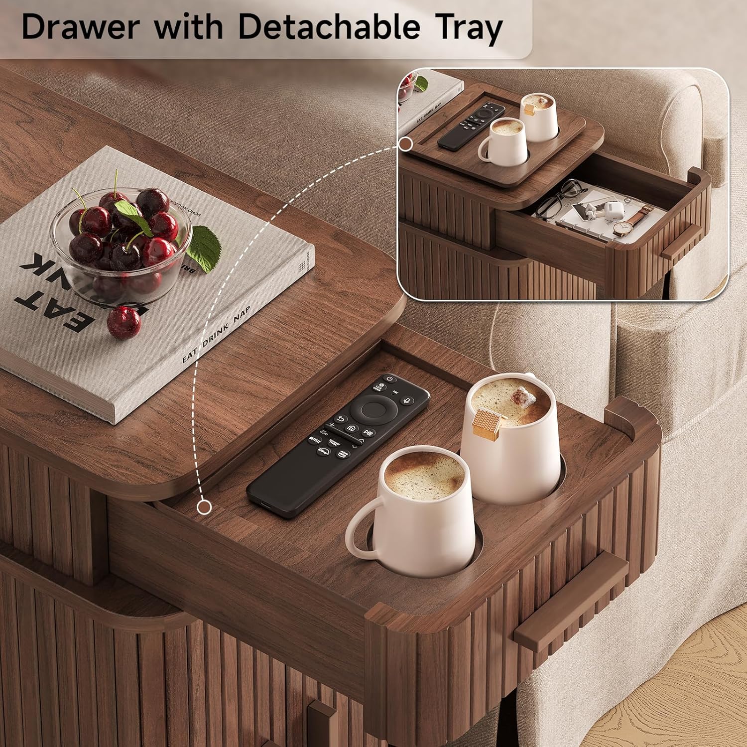 Fluted Narrow Side Table with Drawers, Mid Century Modern End Table with Charging Station, Small Couch Table for Living Room, Skinny Bedside Table Nightstand for Small Space Bedroom Walnut