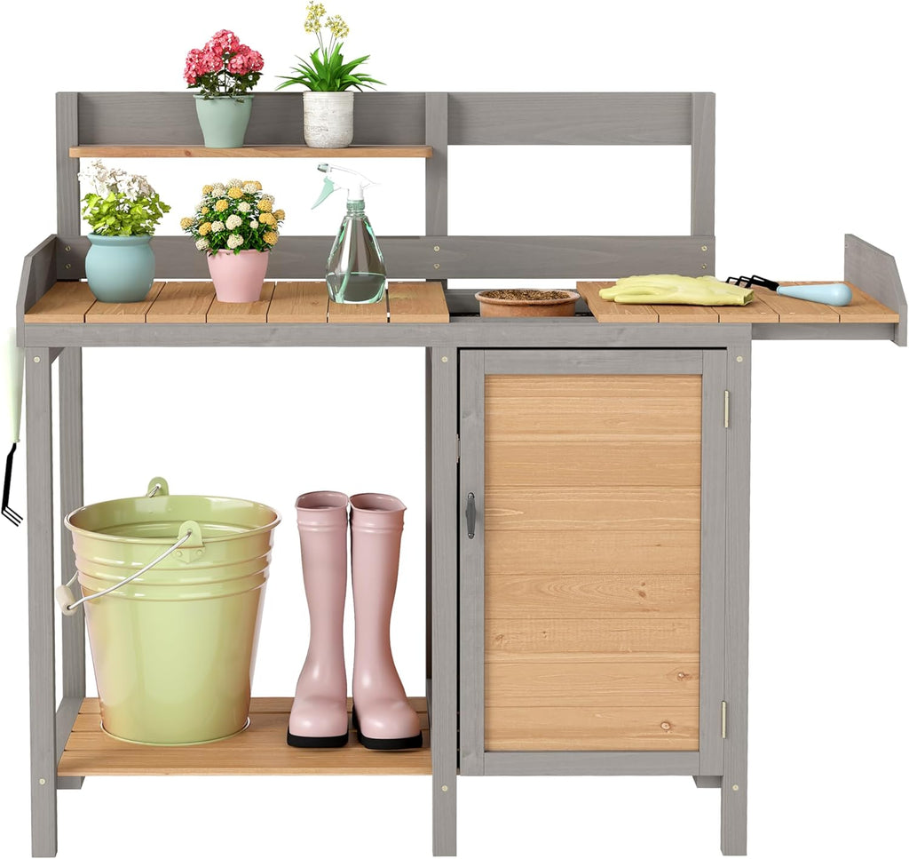 Wooden Potting Bench Table with Sink,Outdoor Garden Table Work Bench with Storage, Workstation for Outside Patio Lawn