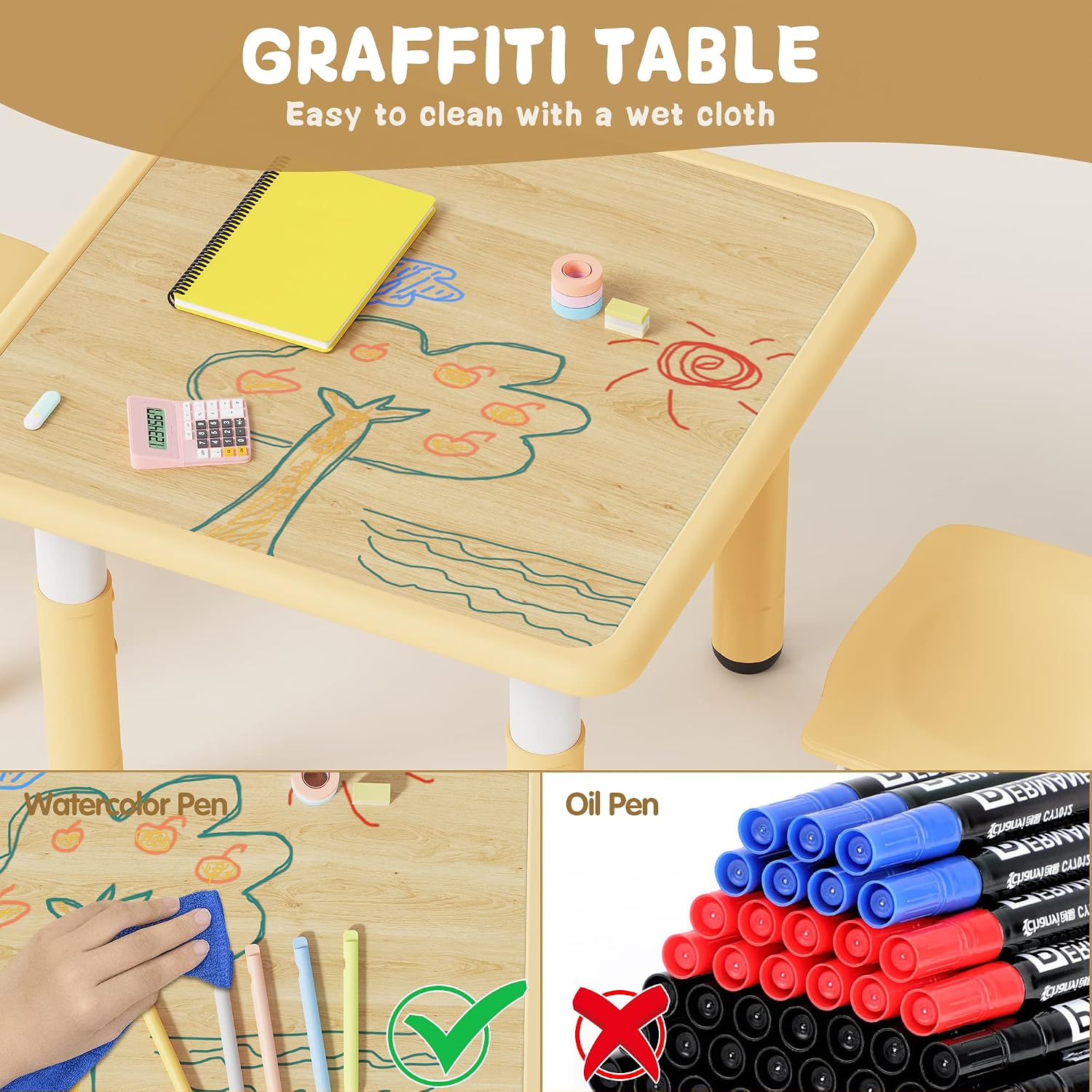 Brelley Height Adjustable Toddler Table and 2 Chairs Set, Beige | Table Supports 280 lbs, Wooden Drawing Activity Desk, Classroom/Daycare/Home, Children Multi-Activity Table for Ages 3-8