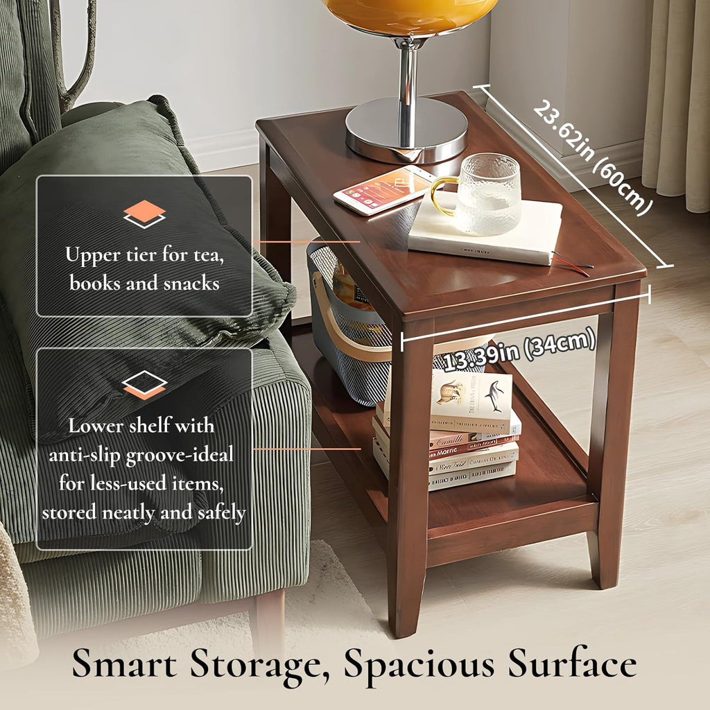 Side Table, Solid Wood Rectangular End Table with Storage Shelf, 2-Tier Coffee Table for Living Room, Rubber Wood Small Sofa Table, Nightstand 19.69 H x 13.39 W x 23.62 D Inches (Walnut)
