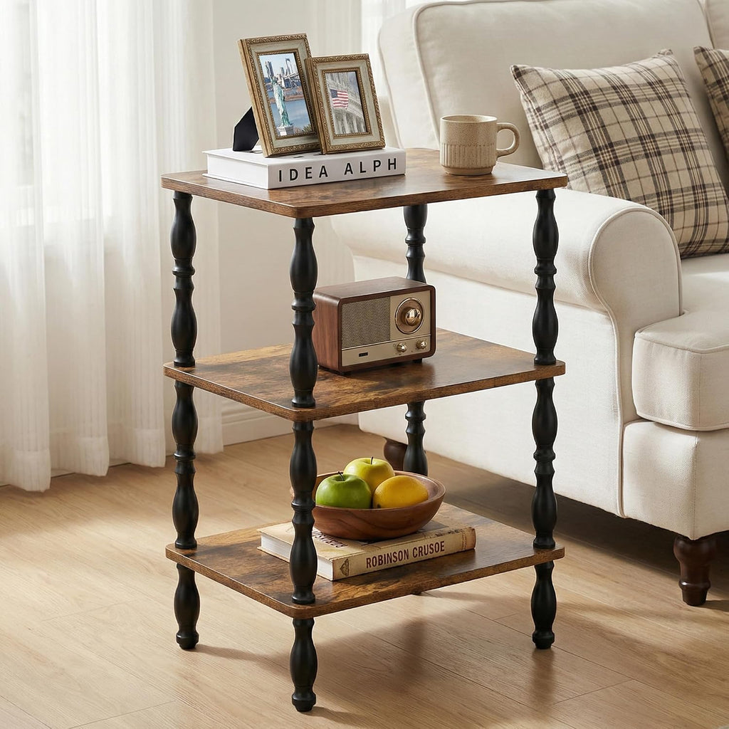 Side Table, 3-Tier Small End Table, Modern Oval Night Stand Accent Table for Living Room, Bedroom, Rustic Brown