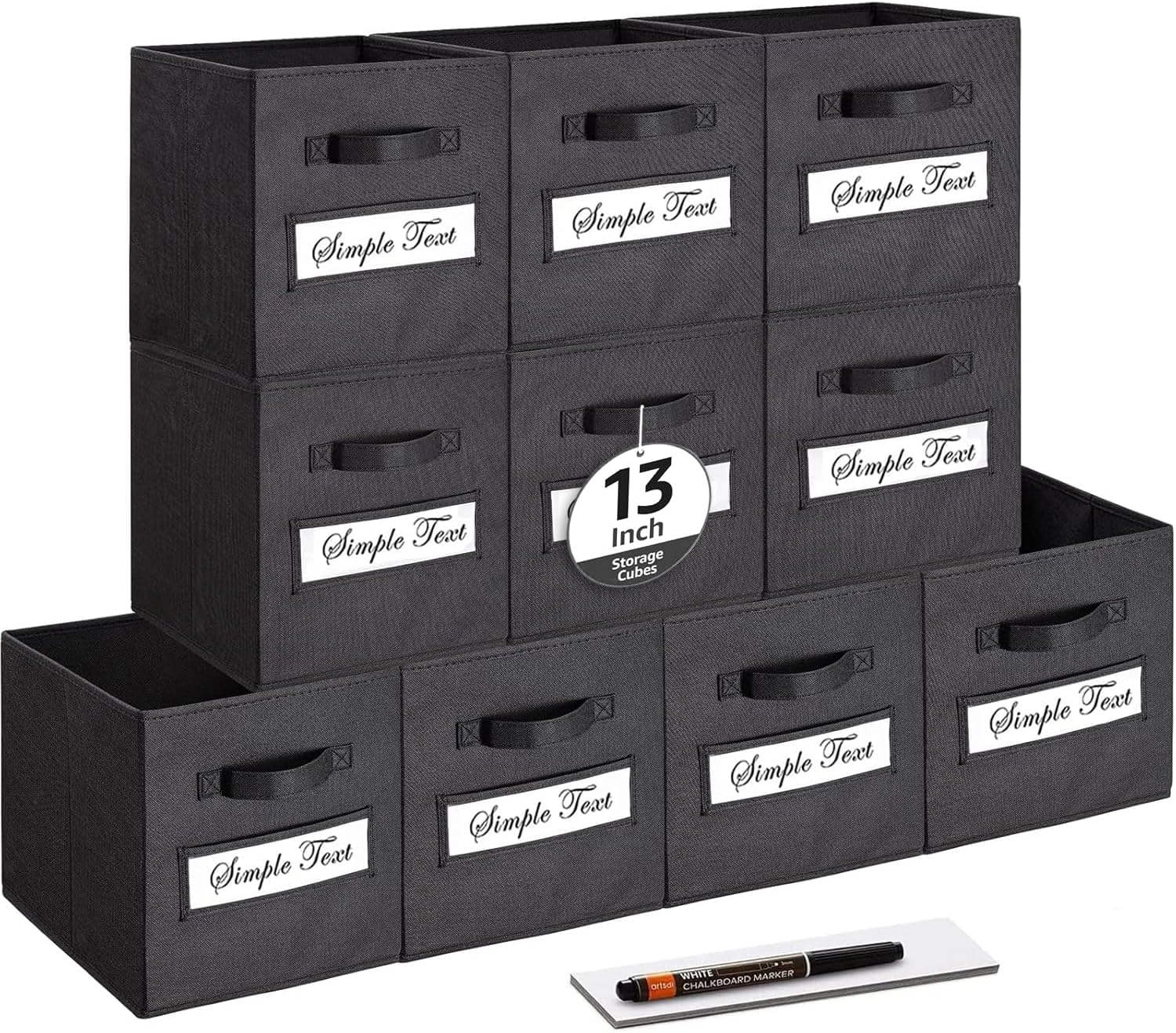 13x13x13 storage cube bins (Set of 10) Fabric storage cubes with 10 Labels Window Cards & a Pen, storage cubes 13x13, Collapsible 13 inch cube storage bins, Cubby Organizer Boxes, Black