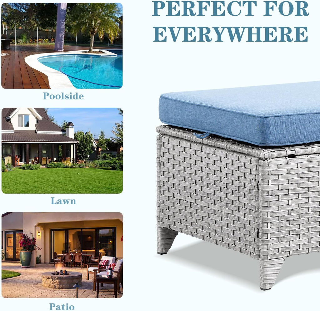 Wicker Outdoor Ottomans Set of 2 - Handwoven Rattan Outdoor Footrests for Patio, All Weather Footstools with Removable Cushions for Porch, Balcony, Deck & Garden - Light Gray/Baby Blue
