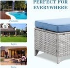 Wicker Outdoor Ottomans Set of 2 - Handwoven Rattan Outdoor Footrests for Patio, All Weather Footstools with Removable Cushions for Porch, Balcony, Deck & Garden - Light Gray/Baby Blue