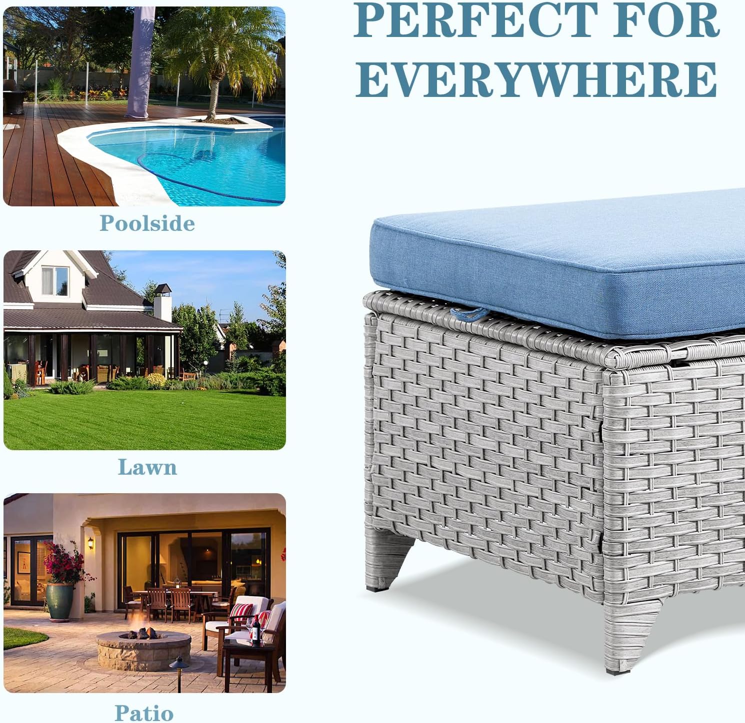 Wicker Outdoor Ottomans Set of 2 - Handwoven Rattan Outdoor Footrests for Patio, All Weather Footstools with Removable Cushions for Porch, Balcony, Deck & Garden - Light Gray/Baby Blue
