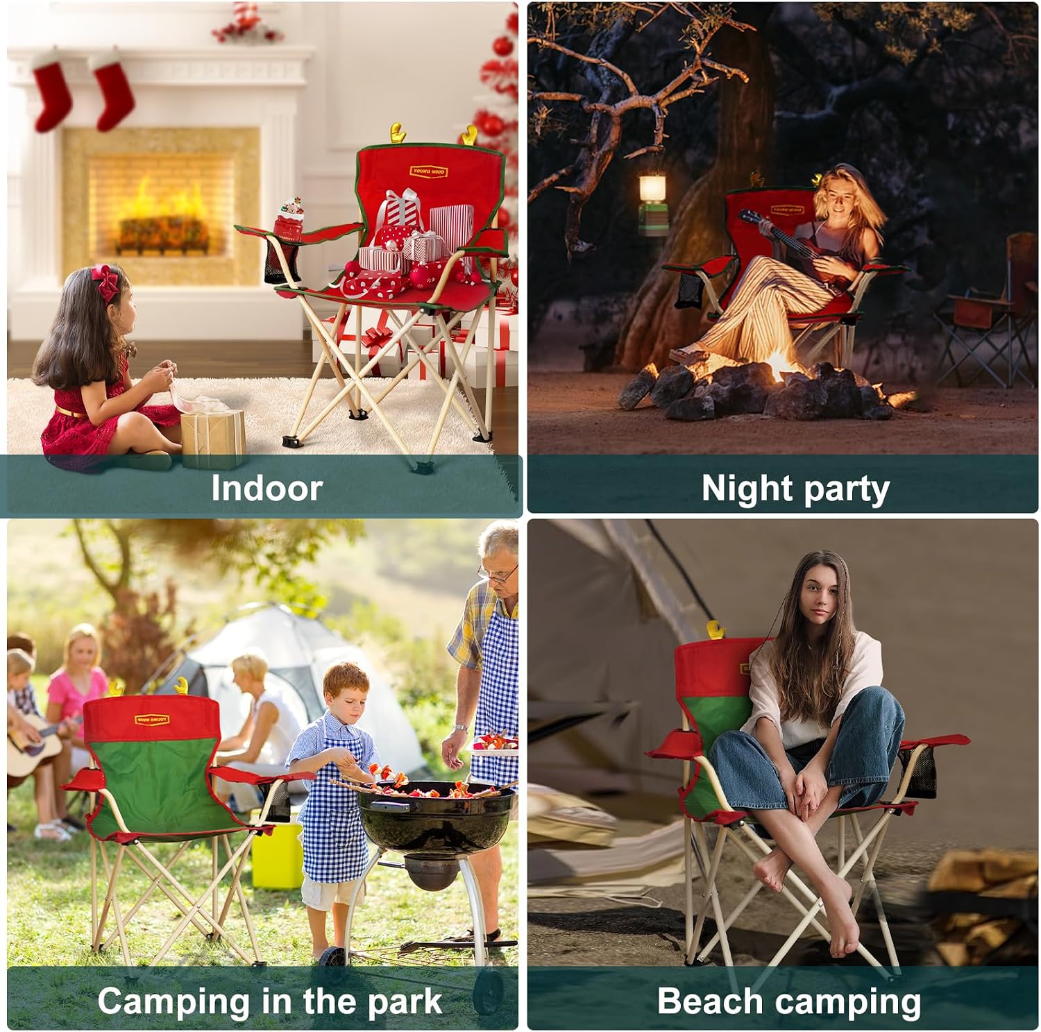 YOUNG WOOD Portable Camping Chair Beach Chair Outdoor Foldable Chair, Included Mesh Cup Holder & Safety Lock to Avoid Pinch Hand, Suitable for Christmas, Camp, Party, with Carrying Bag, Ages 2 to 7