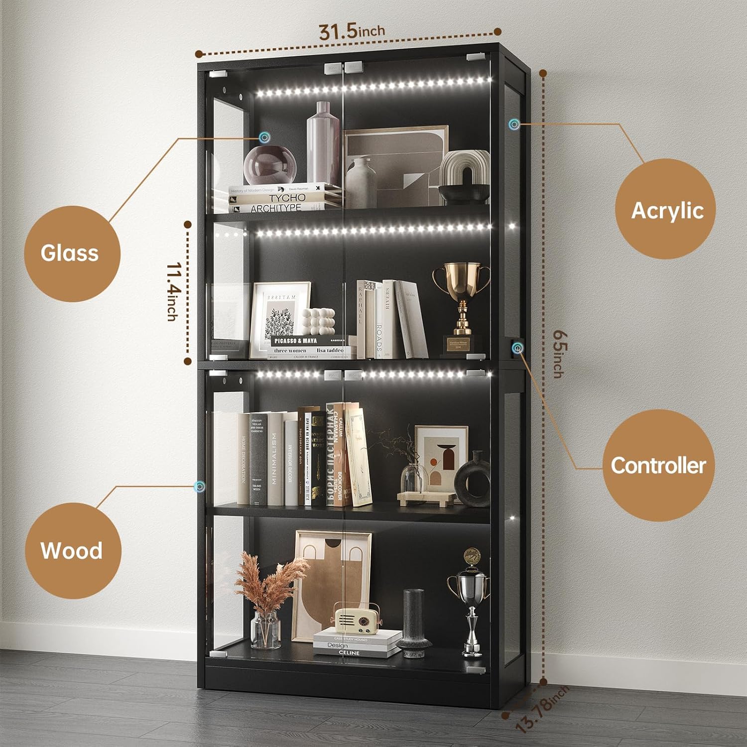 Airynee Display Cabinet with Glass Doors, 4-Tier Curio Cabinet with 7 Vibrant 3 Color Dynamic Lighting Modes, HD Glass Display Case with Human Body Sensor, Bookcase, Storage Cabinets