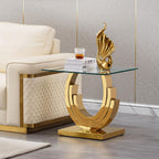 Luxury Gold Glass End Table, 22.6" Square Sofa Side Table with Mirrored Ring-Shape Stainless Steel Base, Glass End Tables Nightstand Bedside Table for Living Room Bedroom