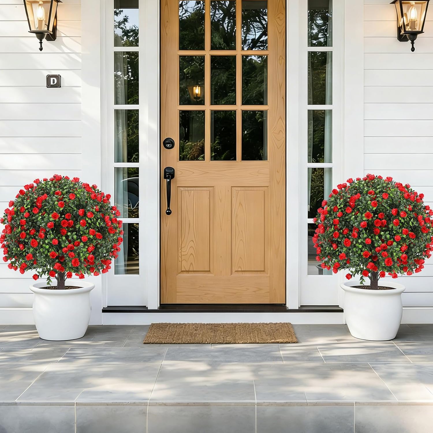 25" Artificial Red Rose Topiary Ball Trees with Ground Spike (Set of 2), UV Resistant Faux Plants into Anywhere, Evergreen Boxwood Shrubs, for Indoor Outdoor Front Porch Garden Backyard Decor